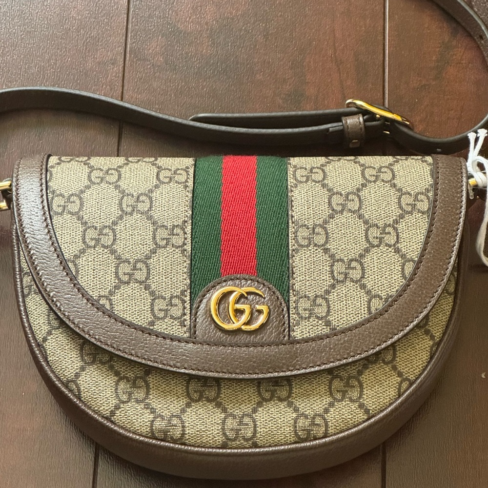 New Authentic Gucci Ophidia Brown Leather Crossbody Bag with Signature Design